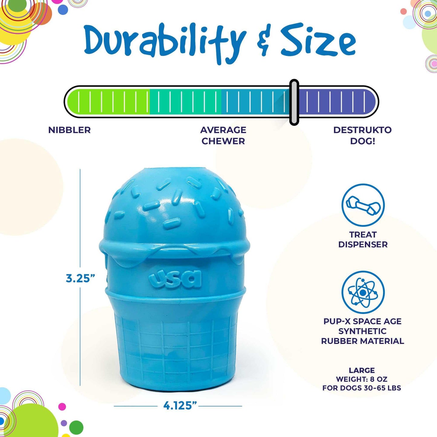 Blue ice cream cone shaped durable PUP-X rubber chew toy and treat dispenser for dogs 30-65 lbs