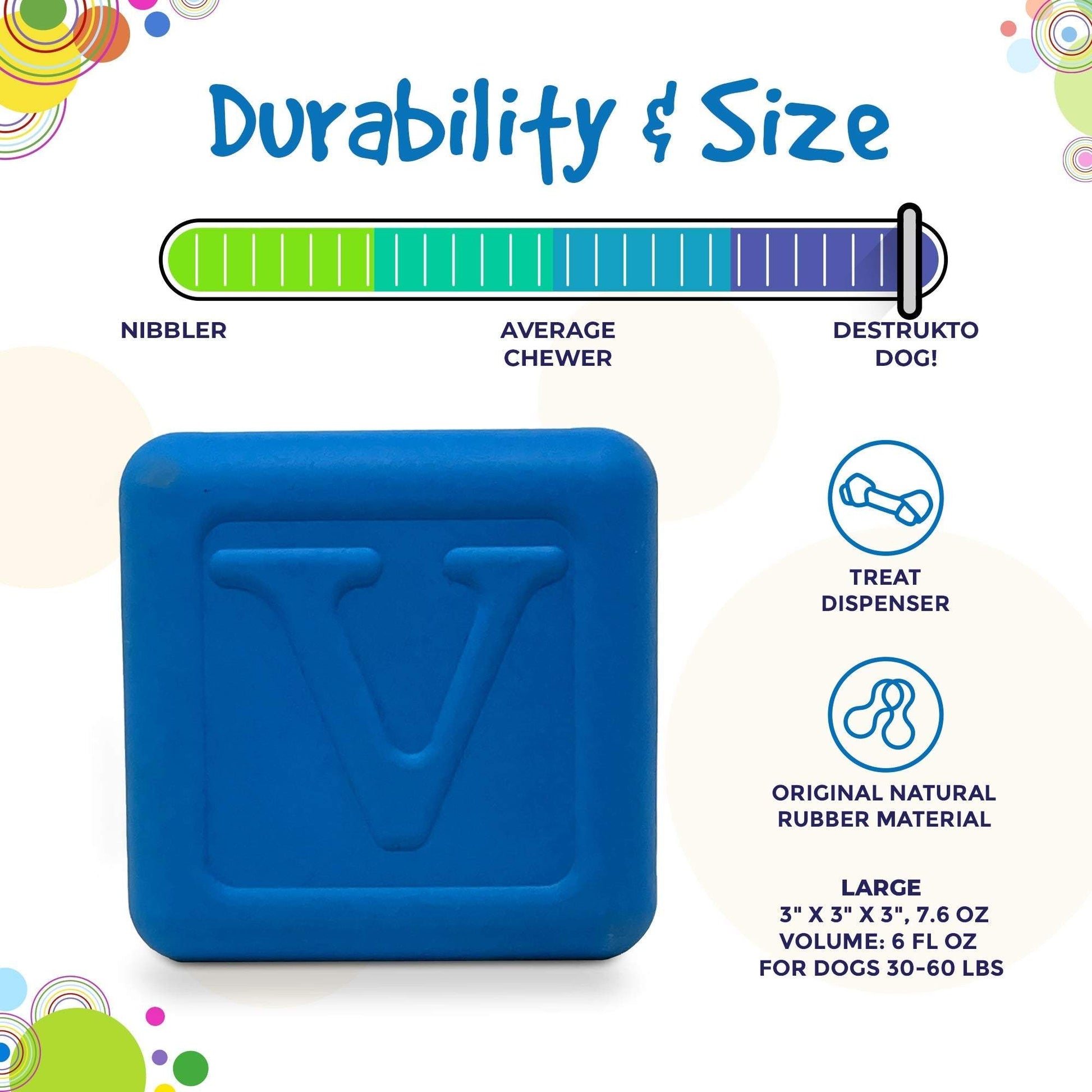 Blue Love Cube eDispenser durable natural rubber dog chew toy and treat dispenser for heavy chewers, 3x3 inches, USA made
