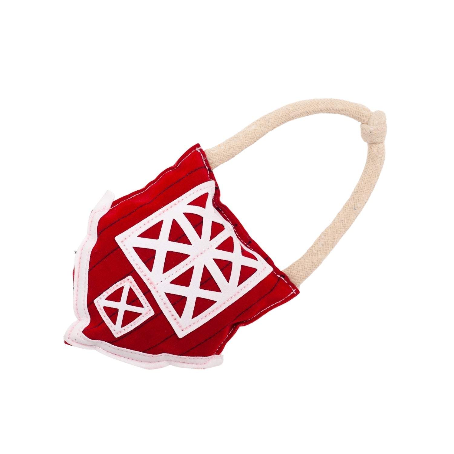 Country Living Faux Leather red barn dog chew toy with durable, non-toxic materials and rope handle