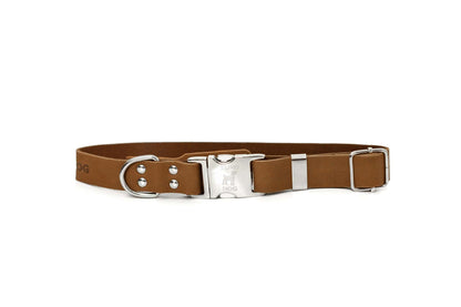 Modern style quick-release earth brown leather dog collar with silver buckle and durable hardware