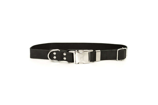 Modern style quick-release midnight black leather dog collar with silver buckle and D-ring