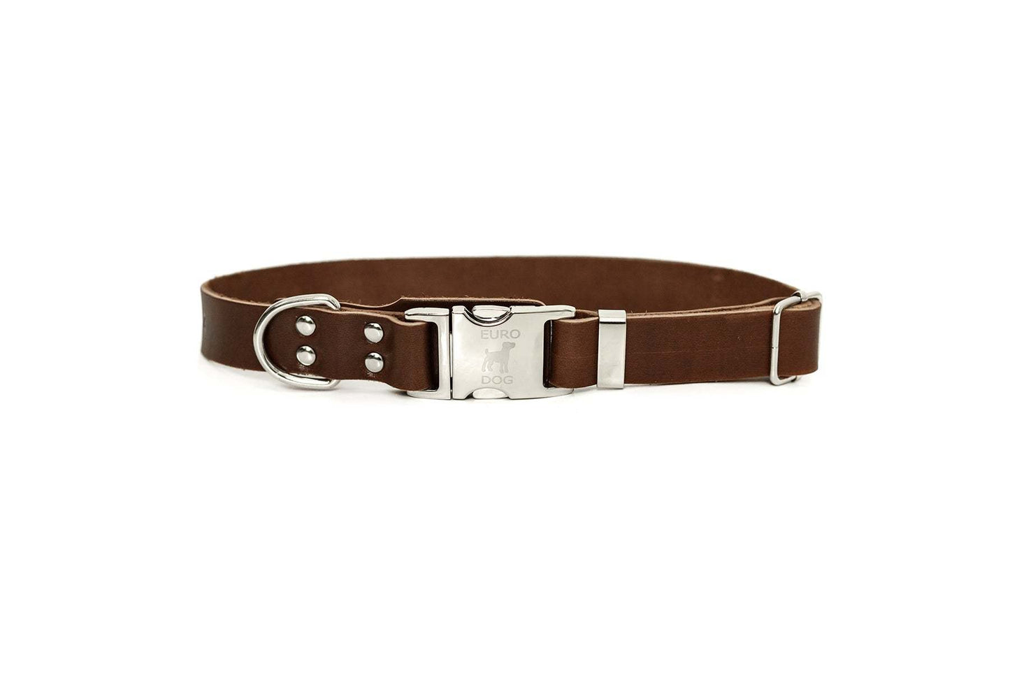 Modern style quick-release chocolate leather dog collar with silver buckle and D-ring