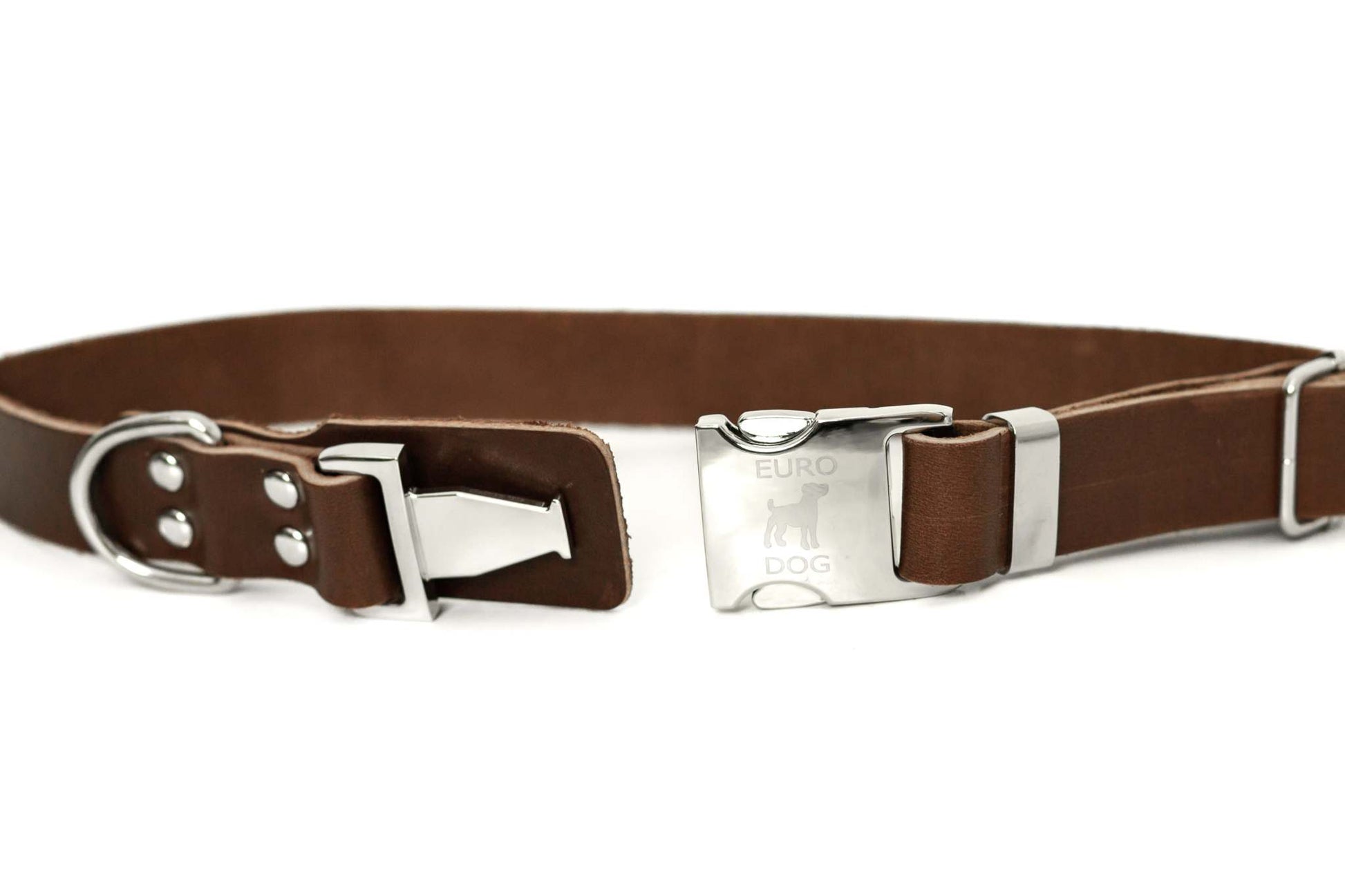 Modern style quick-release chocolate leather dog collar with silver buckle and D-ring