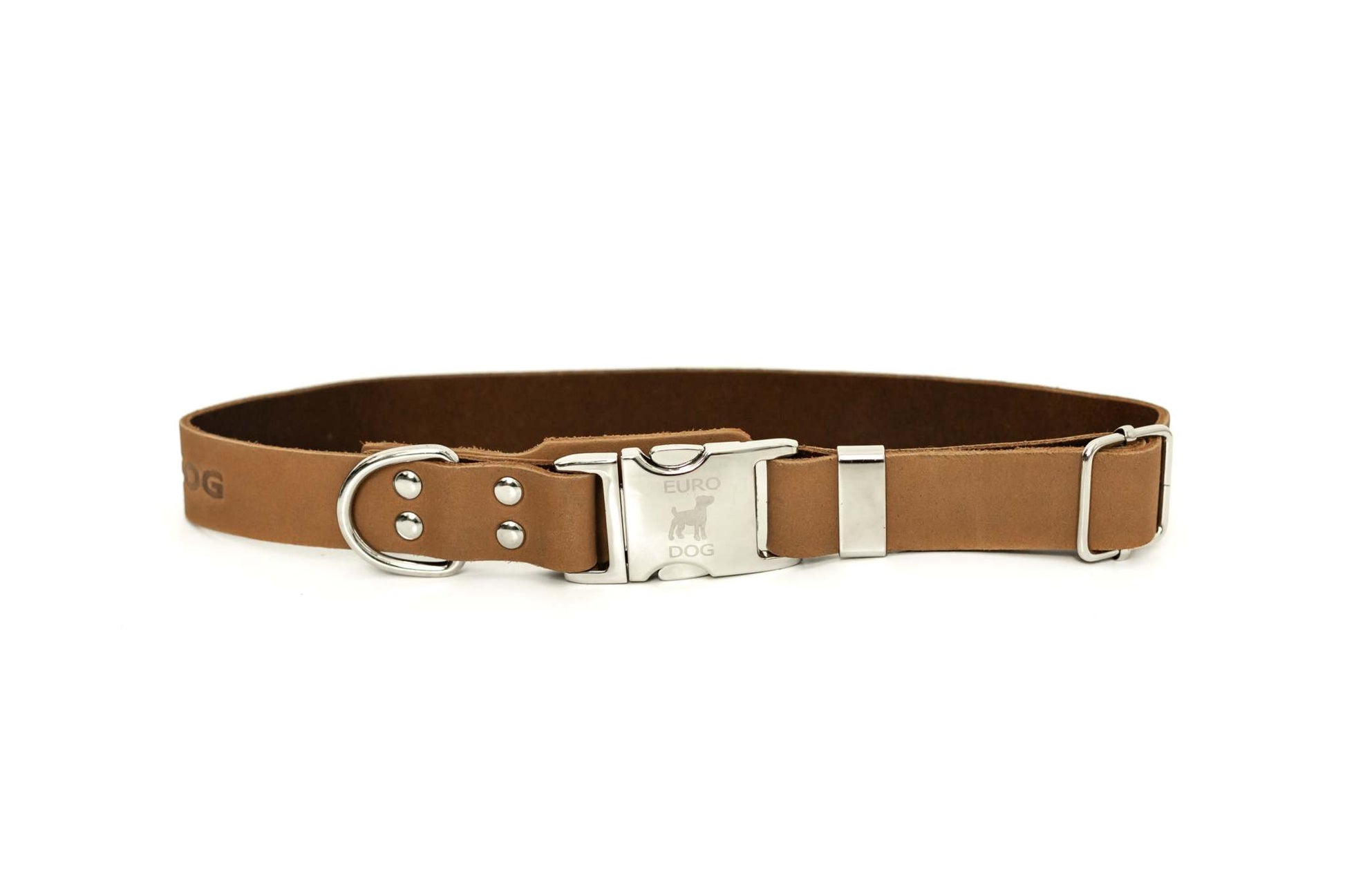 Modern style quick-release khaki leather dog collar with steel buckle and padded tongue