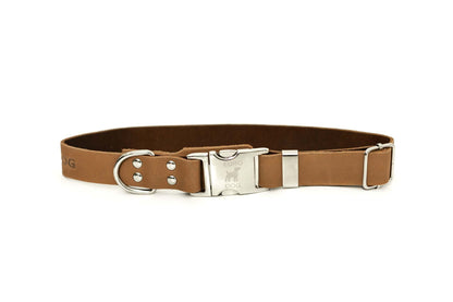 Modern style quick-release khaki leather dog collar with steel buckle and padded tongue