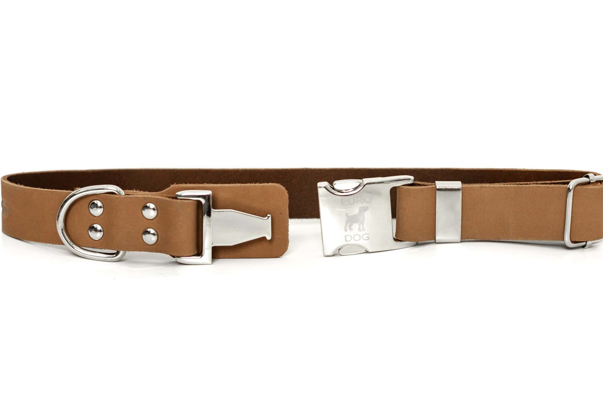 Modern style khaki leather dog collar with quick-release buckle and extra padded tongue made of full-grain leather and steel hardware