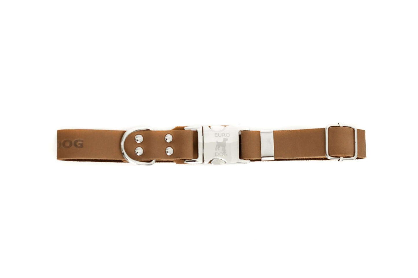 Modern Style quick-release khaki leather dog collar with protective padding and steel hardware