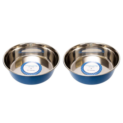 Country Living set of 2 heavy gauge stainless steel dog bowls with non-skid rubber base, dishwasher safe, blue exterior