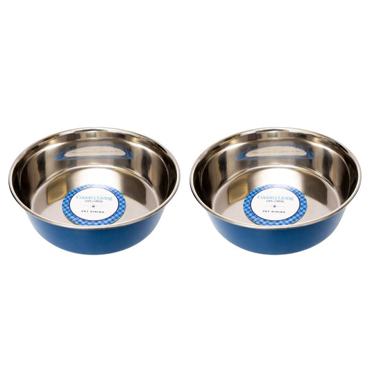 Country Living set of 2 heavy gauge stainless steel dog bowls with non-skid rubber base, dishwasher safe, blue exterior