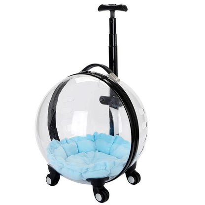 Transparent rolling pet travel trolley with wheels for puppies and cats in pink and green colors