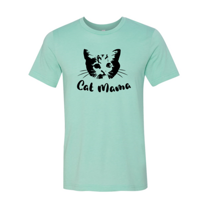Mint green Cat Mama T-Shirt with black cat face graphic and text, made of premium cotton by Bella Canvas