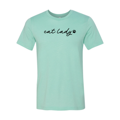 Mint green Cat Lady T-Shirt with black cursive text and paw print on soft cotton fabric