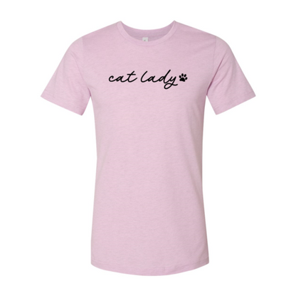 Pink Cat Lady T-Shirt with black script and paw print, premium cotton, Bella Canvas brand