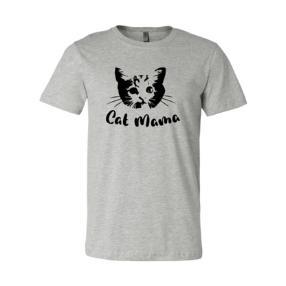Grey Cat Mama T-Shirt with black cat graphic and text, soft ring spun cotton, Bella Canvas brand, available in multiple sizes