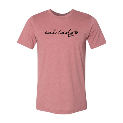 Pink Cat Lady T-Shirt with black cursive text and paw print, made of soft ring spun cotton by Bella Canvas