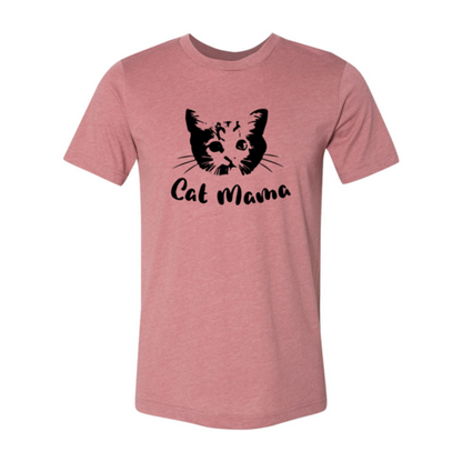 Cat Mama T-Shirt in soft pink with black cat face graphic and text, made from premium ring spun cotton by Bella Canvas