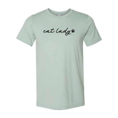 Light green Bella Canvas Cat Lady T-Shirt with black script and paw print, soft ring spun cotton in multiple sizes