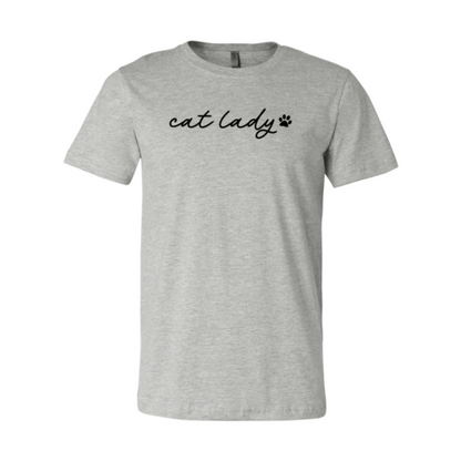 Gray Bella Canvas Cat Lady T-Shirt with black script and paw print design, premium soft cotton