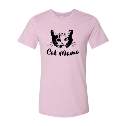 Pink Cat Mama T-Shirt with black cat face graphic and soft cotton fabric by Bella Canvas