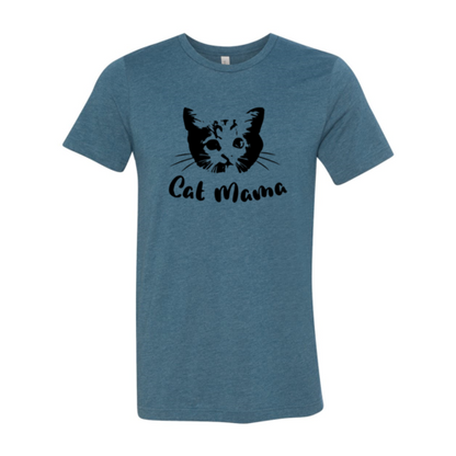 Blue Cat Mama T-Shirt with black cat face print on soft cotton fabric