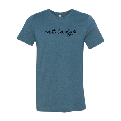 Blue Bella Canvas Cat Lady T-Shirt with soft cotton fabric and durable flex print design