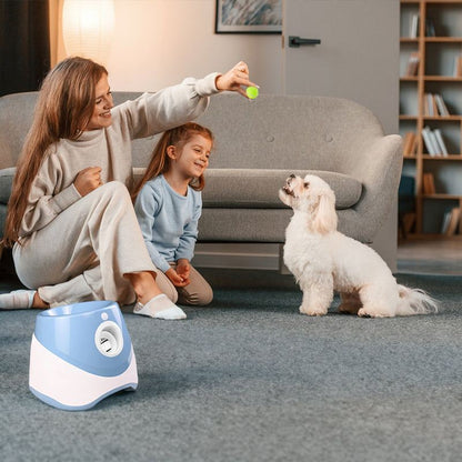 Rechargeable automatic tennis ball launcher with three 5cm balls for pet interactive play and adjustable launch distances.