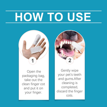 Instructional image showing how to use pet tooth cleaning wipes on fingers for cats and dogs