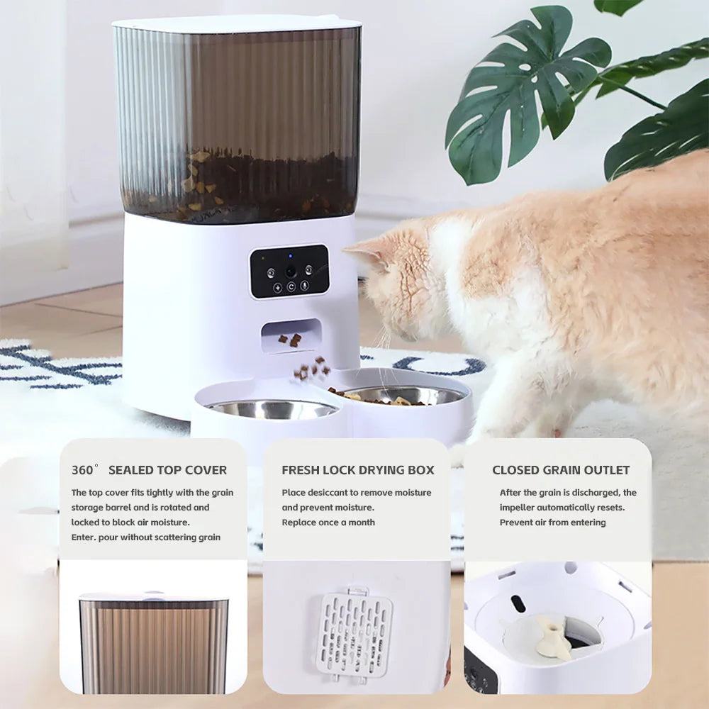 Double Bowls Smart Automatic Cat Feeder with camera and voice recorder, 5L capacity, dry food dispenser for cats and dogs
