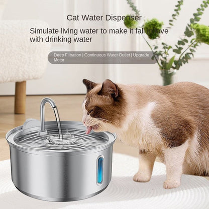 4L stainless steel pet water dispenser with round viewing window and LED, designed for cats and dogs, showing a cat drinking water from the dispenser
