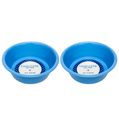 Country Living Set of 2 Coated Stainless Steel Heavy Dog Bowls in blue with non-slip silicone feet for medium to large breeds