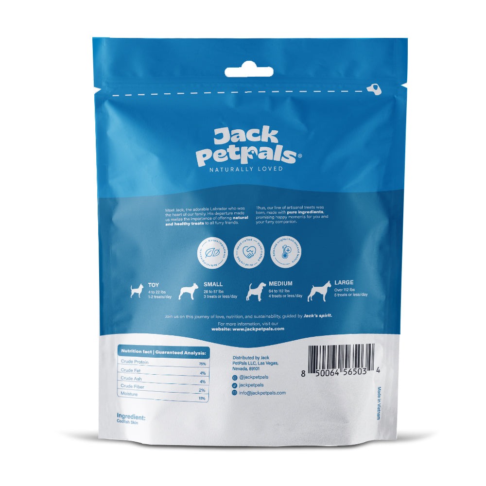 Jack PetPals Seafood Feast codfish skin dog treats in resealable blue bag, high-protein grain-free chew promoting dental health and Omega-3 benefits
