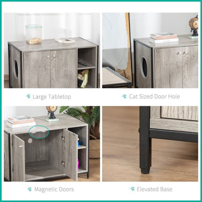 Hidden cat litter box enclosure with wood-steel frame, magnetic doors, cat-sized side entrance, elevated base, and large tabletop storage.