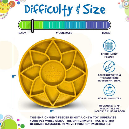 Sunflower eTray shallow slow feeder dog bowl with raised petal pattern for enrichment and slow feeding, 8-inch yellow puppy and dog bowl made in USA