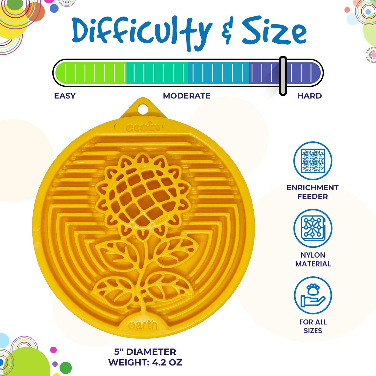 Earth eCoin Nylon Lick Mat for dogs with sunflower design, durable nylon, 5-inch diameter, USA made enrichment feeder for all dog sizes.