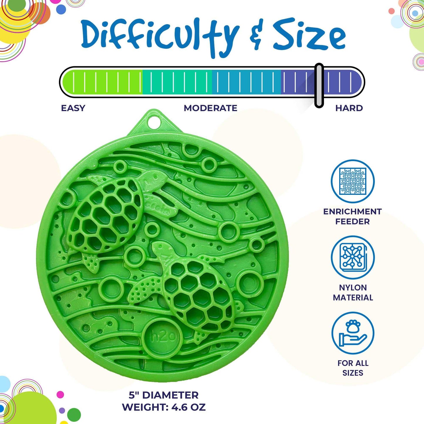 Green Water eCoin nylon dog enrichment Snacking Coin  with turtle design, durable 5-inch snack feeder for anxiety relief and chewing, made in USA