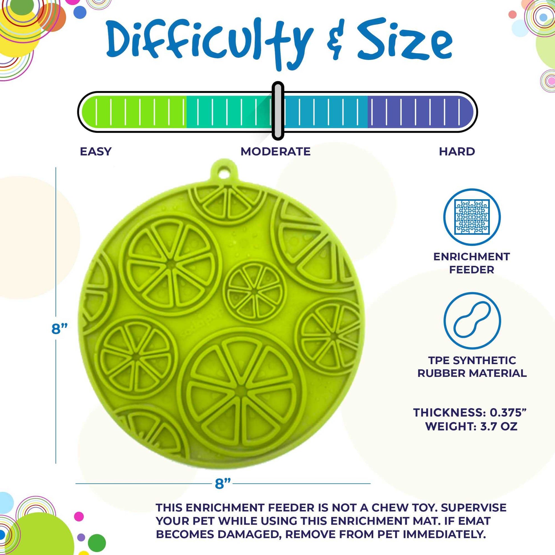 Green citrus enrichment lick mat for dogs, 8-inch diameter, moderate difficulty, made from TPE synthetic rubber with textured citrus designs and suction cup feature