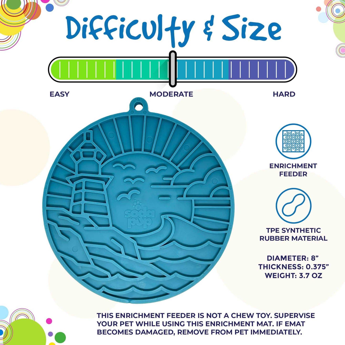 Lighthouse eMat dog lick mat with suction cups, sea foam blue, textured coastal design, 8-inch diameter, moderate difficulty, made from TPE synthetic rubber material.