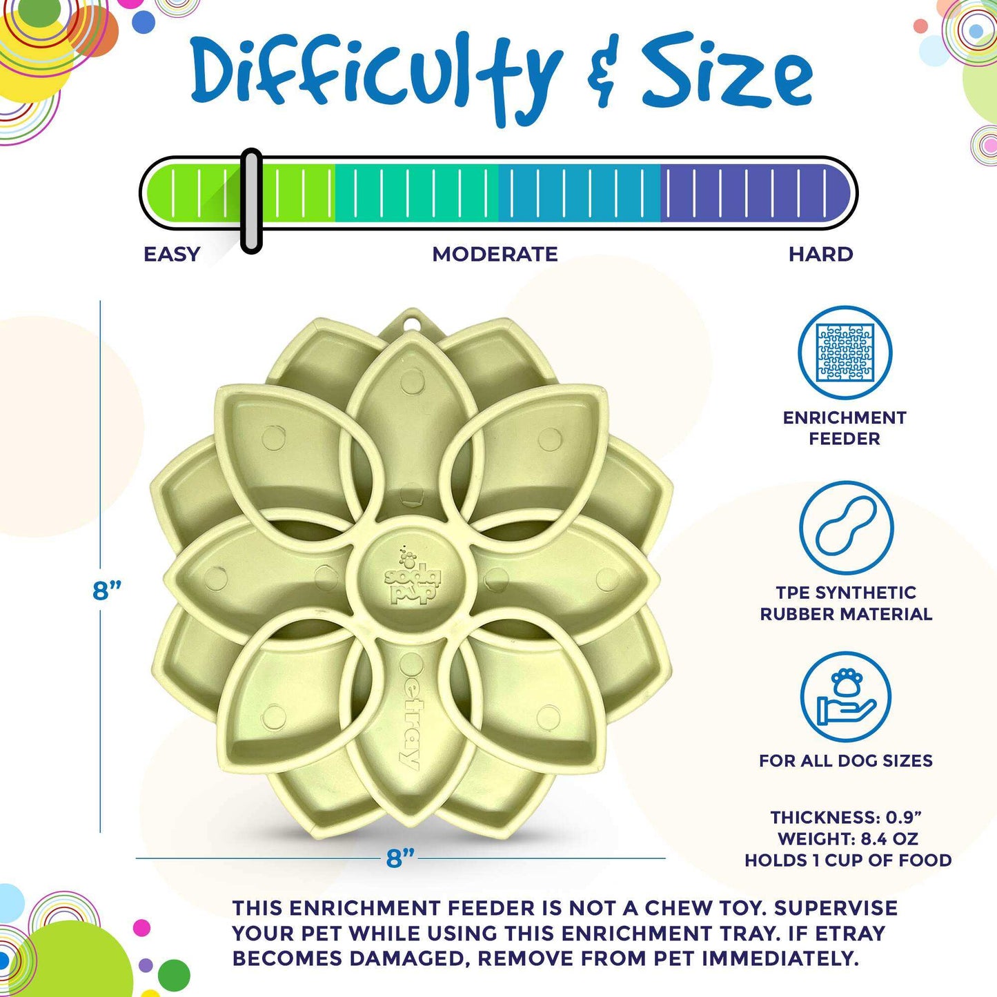 Mandala Softie eTray slow feeder dog bowl with suction cups, shallow pet food tray, soft TPE material, 8-inch size, mental enrichment feeder for all dog sizes