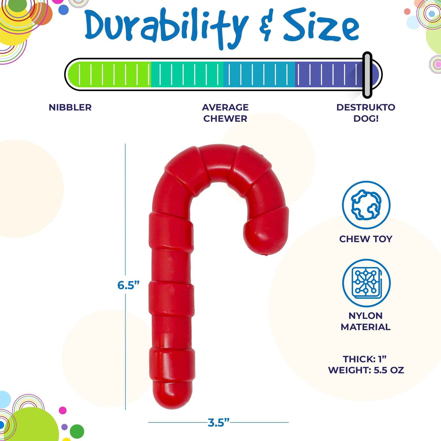 Candy Cane Nylon Dog Toy - Durable Chew for Aggressive Dogs | USA Made