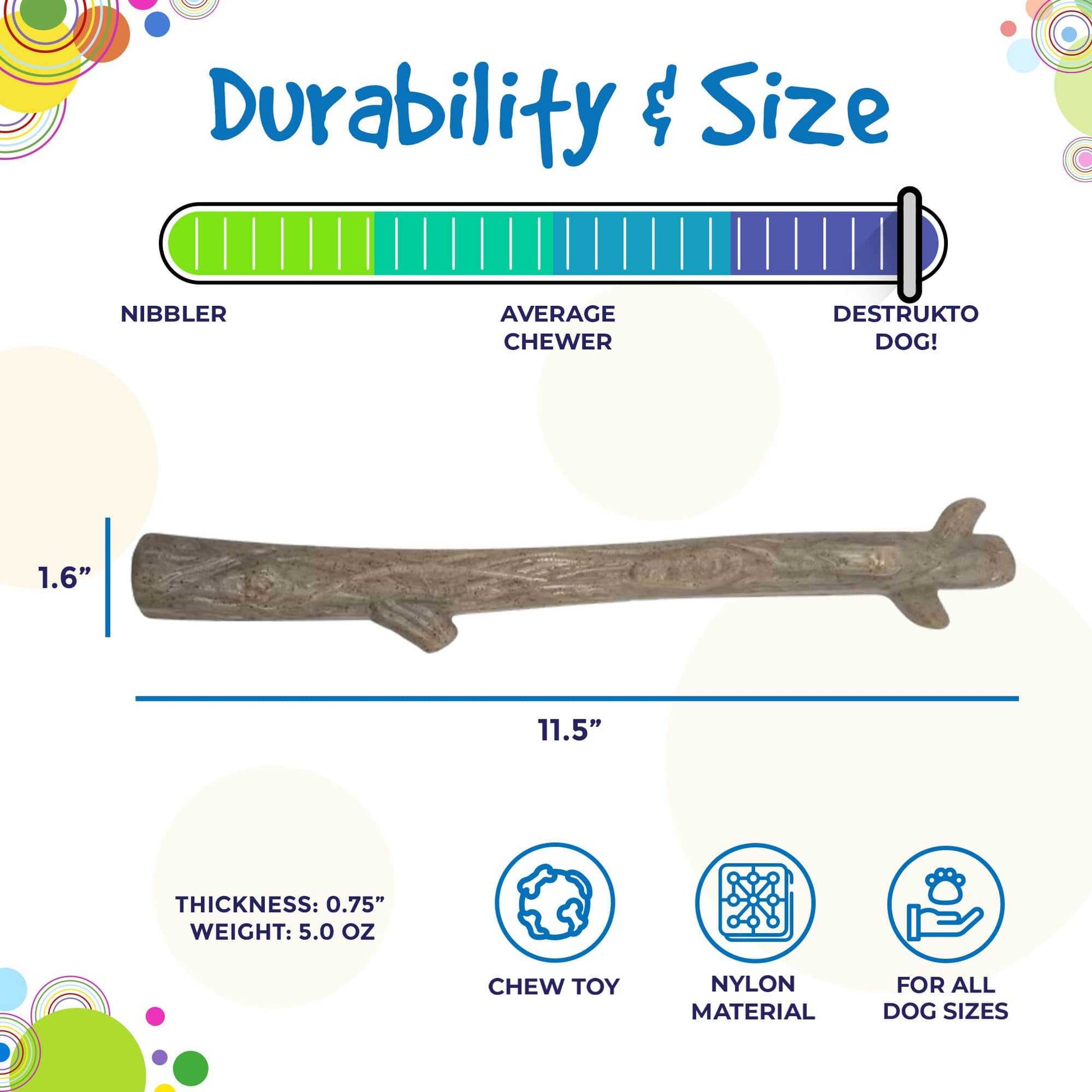 Durable nylon chew stick dog toy for power chewers, made in USA, 11.5 inches long, heavy-duty and long-lasting.