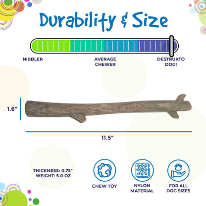 Durable nylon chew stick dog toy for power chewers, made in USA, 11.5 inches long, heavy-duty and long-lasting.