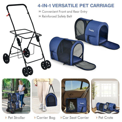 4-in-1 double pet stroller with detachable carriers and foldable frame for easy travel