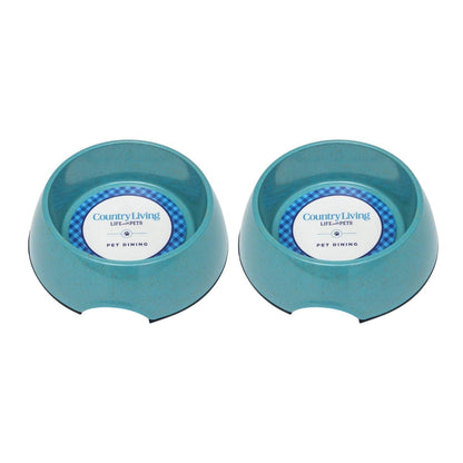 Country Living teal blue natural fiber dog bowls with anti-skid base and ergonomic grip set of 2
