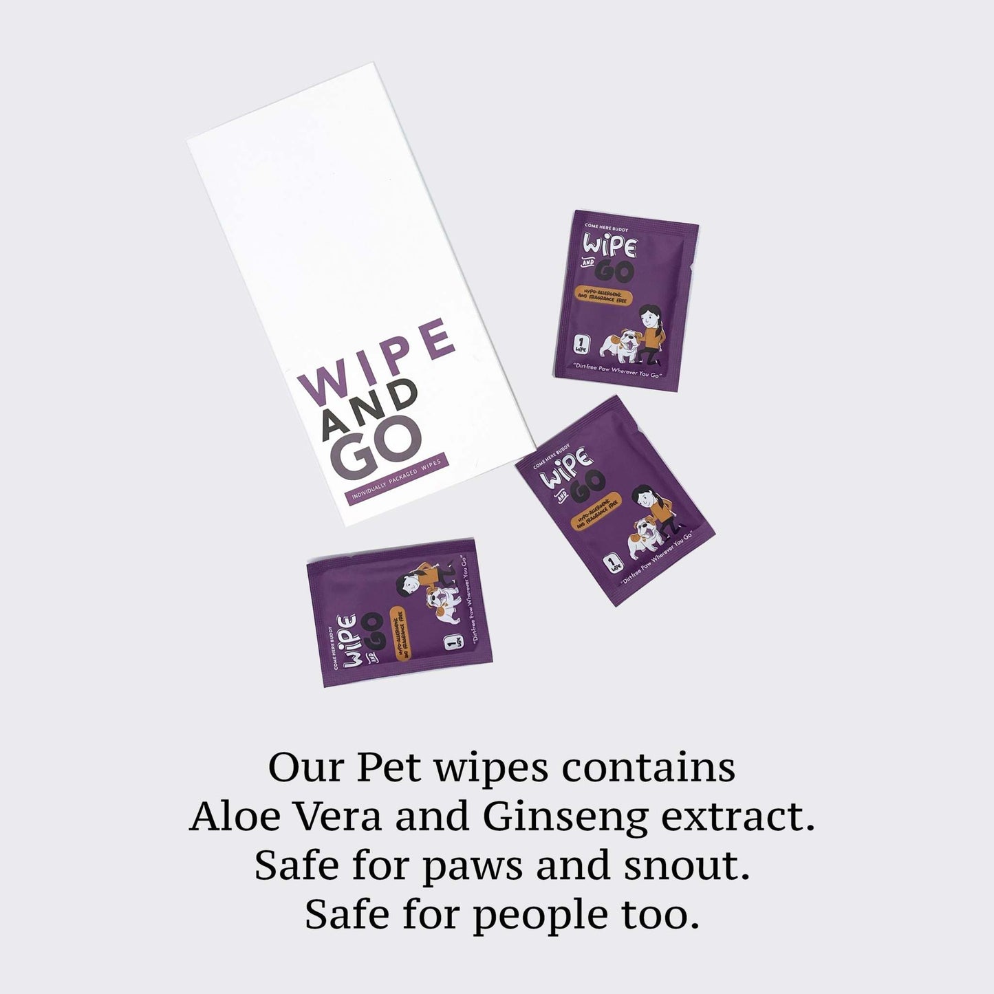 Individually packaged hypoallergenic dog wipes with ginseng and aloe vera for safe pet cleaning
