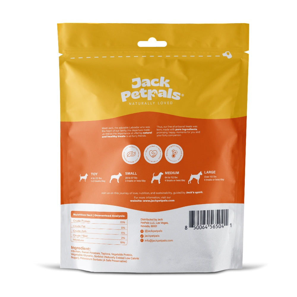 Jack PetPals Crafted Bite Chicken Sweet Potato Dog Treats in resealable bag for healthy dog snacks