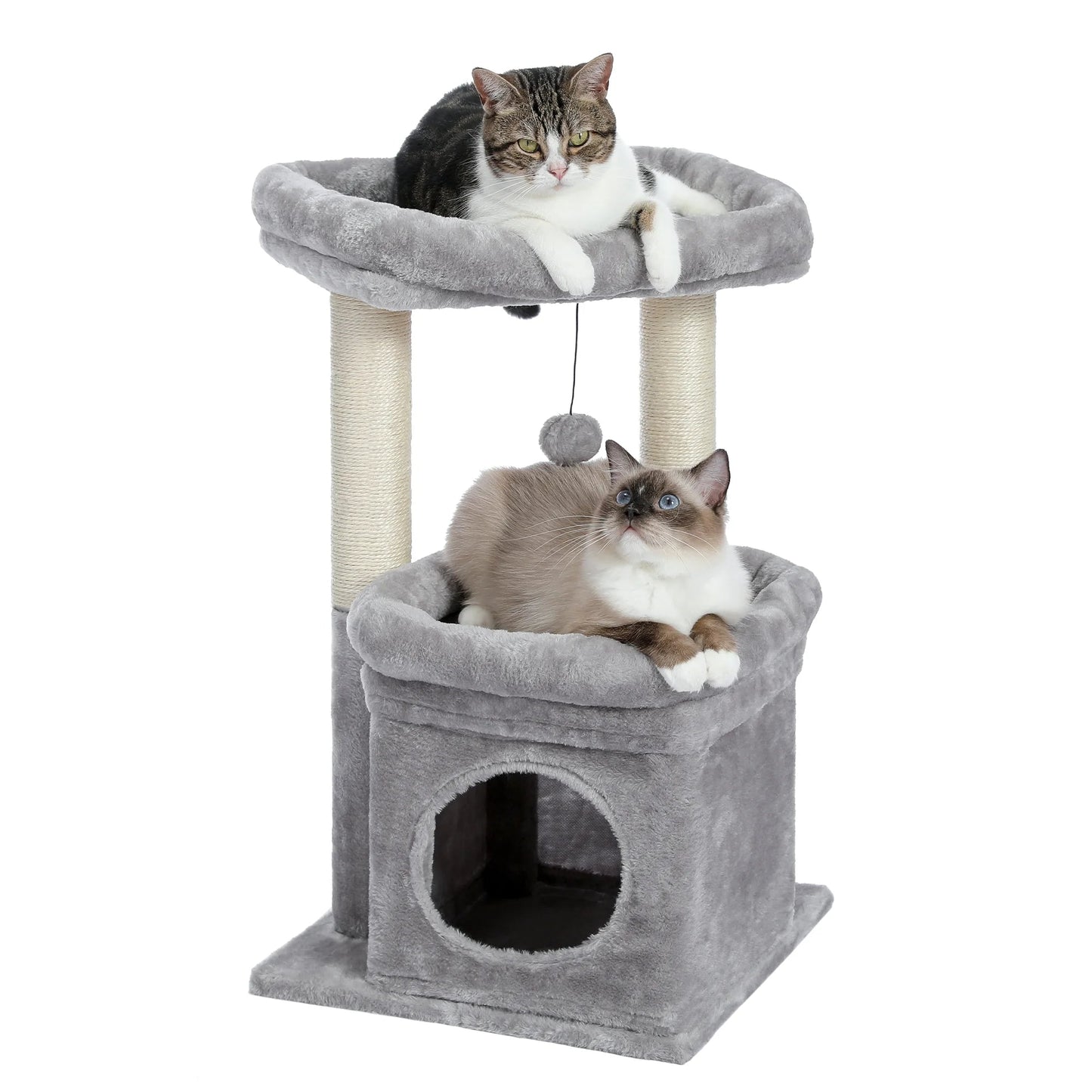 Cozy Gray Cat Tree Condo - 27" Multi-Level Tower with Spacious Perch and Scratching Posts for Kittens and Medium Cats