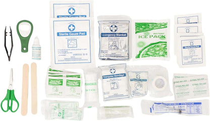 Country Living 50-Piece Pet Travel First Aid Kit with gauze pads, bandages, emergency blanket, ice pack, gloves, scissors, syringe, sting relief pads, and cleaning wipes for pet emergencies and travel safety.