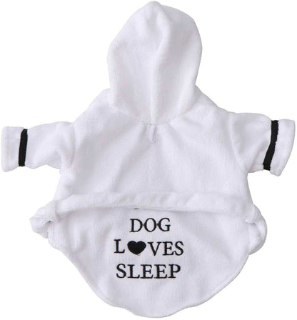 White pet bath robe with hood and "DOG LOVES SLEEP" text, soft cotton for small to medium dogs
