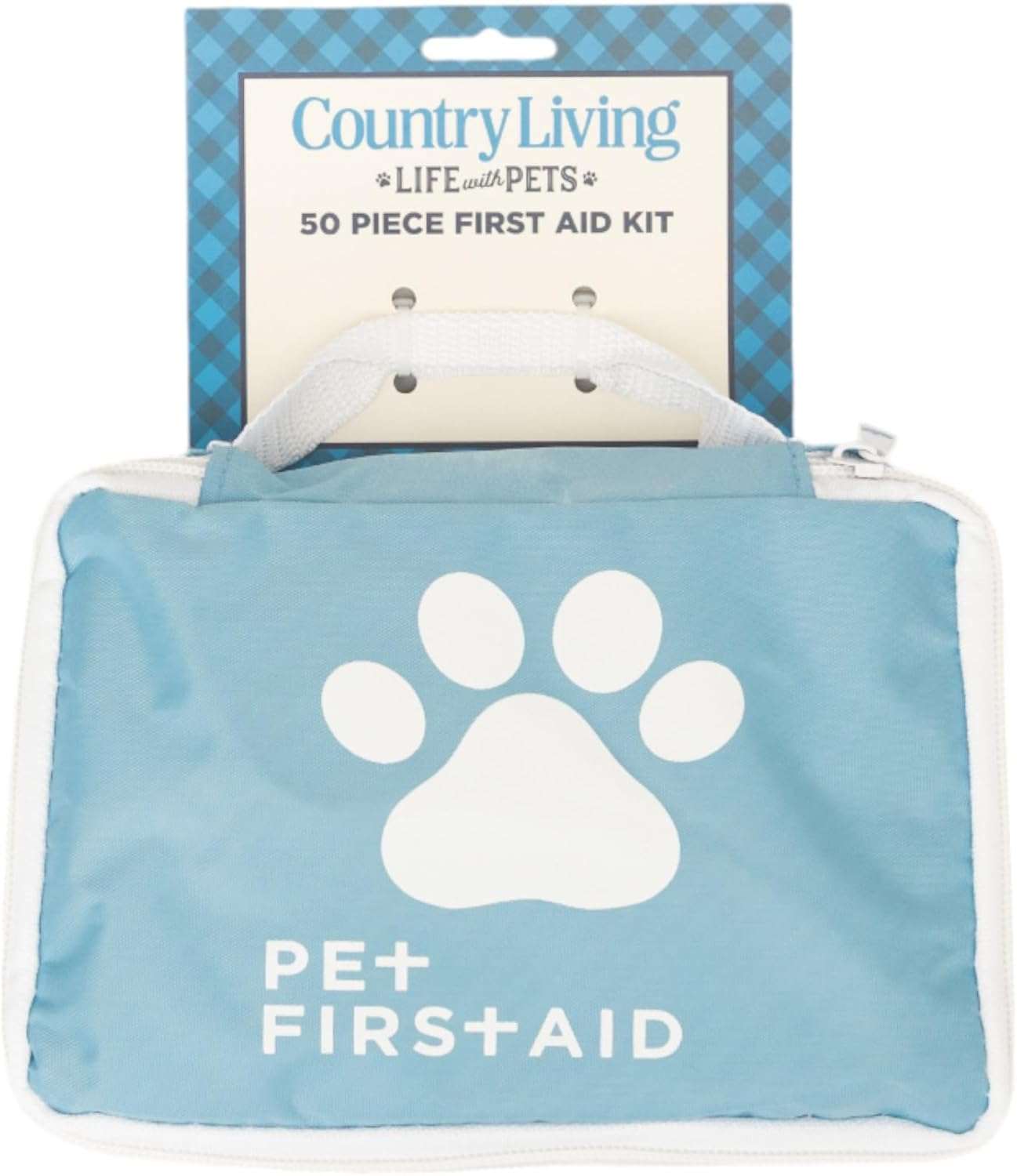 Country Living 50-Piece Pet Travel First Aid Kit in blue pouch with paw print for pet emergency care