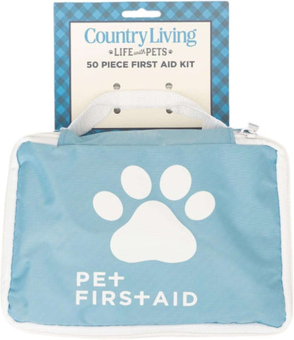 Country Living 50-Piece Pet Travel First Aid Kit in blue pouch with paw print for pet emergency care